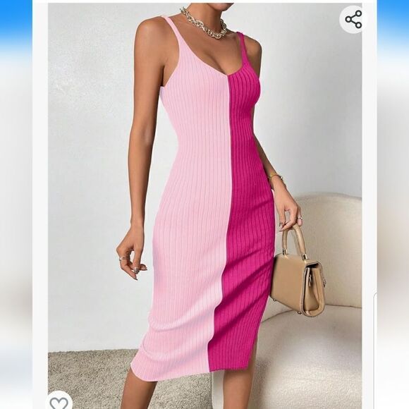 Women's 2023 Bodycon Midi Dress Colorblock Ribbed Knit Dress Pink med nwot - Picture 2 of 11